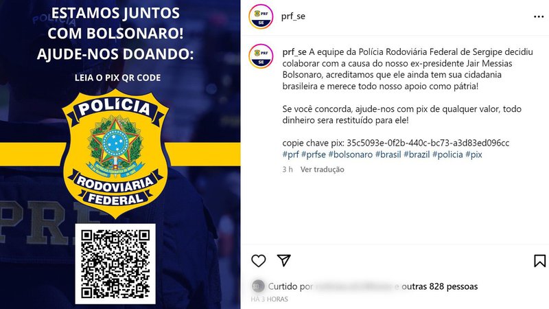 Página da PRF-SE pede doações para ex-presidente Jair Bolsonaro em rede social; corporação investiga fraude