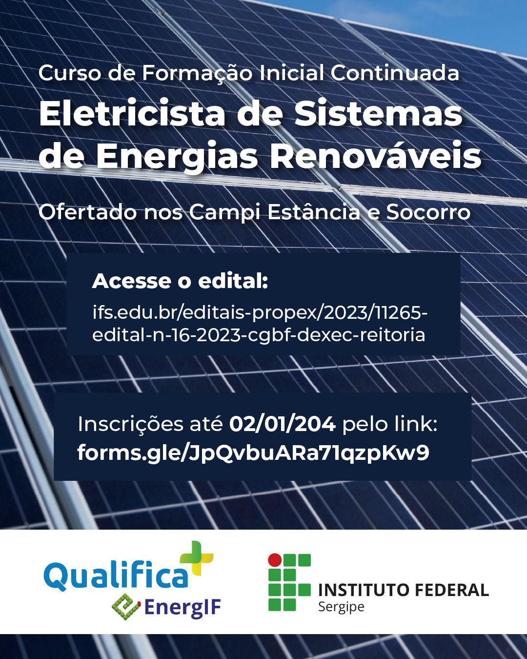 IFS oferta 40 vagas para cursos FIC de Eletricista de Sistemas de Energias Renováveis