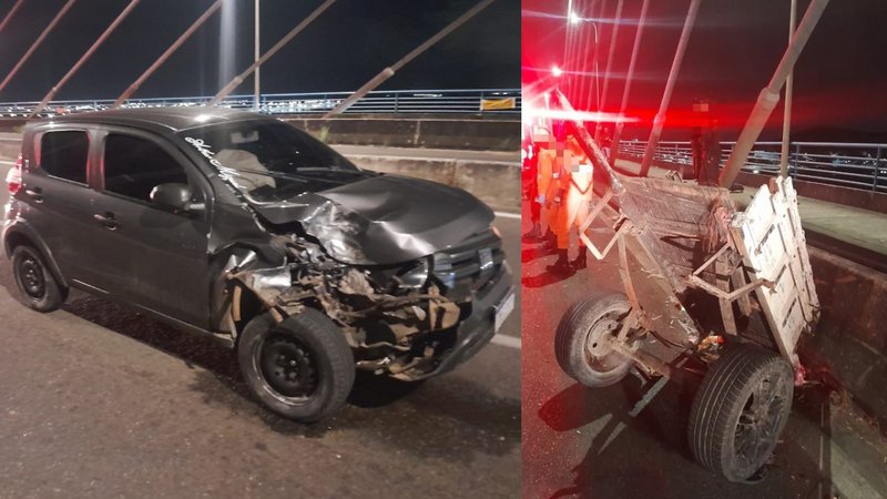 Carro bate em carroça e deixa três feridos na ponte Aracaju – Barra dos Coqueiros