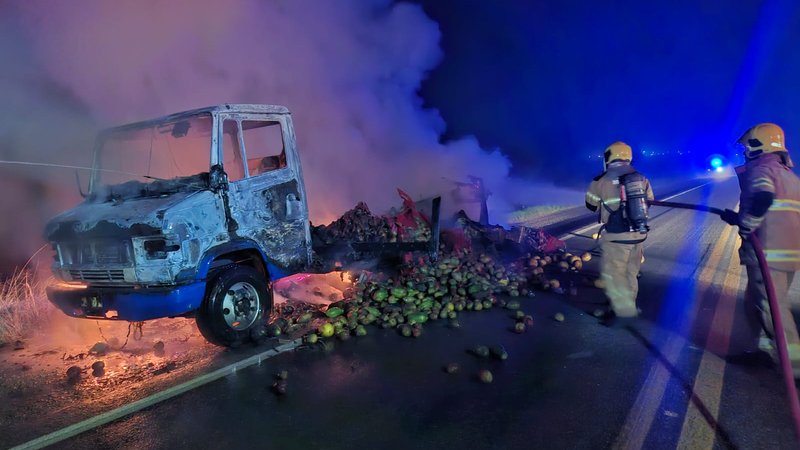 Caminhão carregado de frutas pega fogo na BR-235 em Frei Paulo